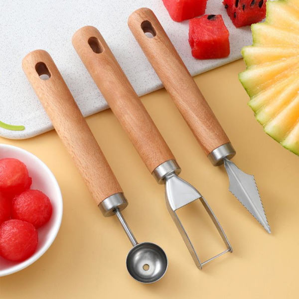 Vannmelonkutter i rustfritt stål med trehåndtak, multifunksjonell C