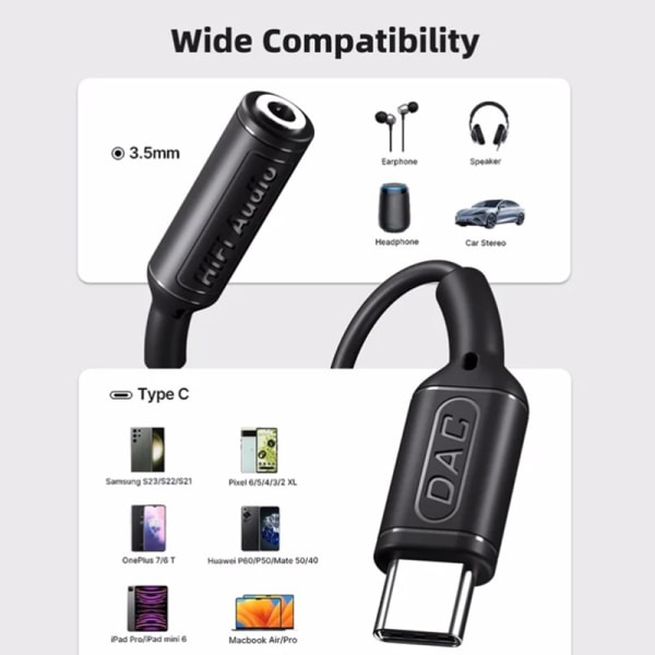 USB C - 3,5 mm Aux Adapter HiFi Sound Type C 3.5 Jack kuuloke black