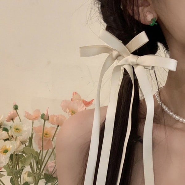 n Style Ribbon Rosett Hårklämma Lång tofs Hårnål Sweet Lovely H White