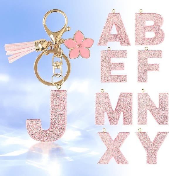 A-Z Glitter Pink Initial Letter Keychain Flowers Tassel Car Key A1
