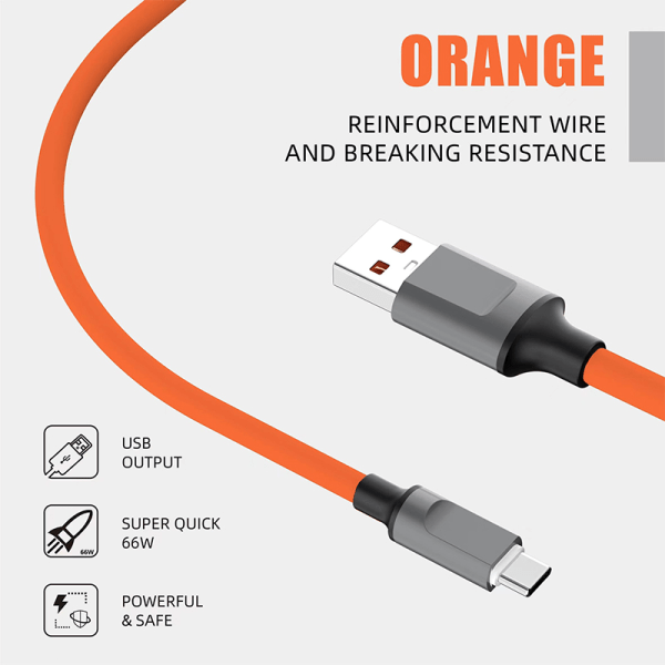120 W USB -C-tyypin nestemäinen silikonikaapeli PD-pikalatauskaapeli Orange Micro-USB
