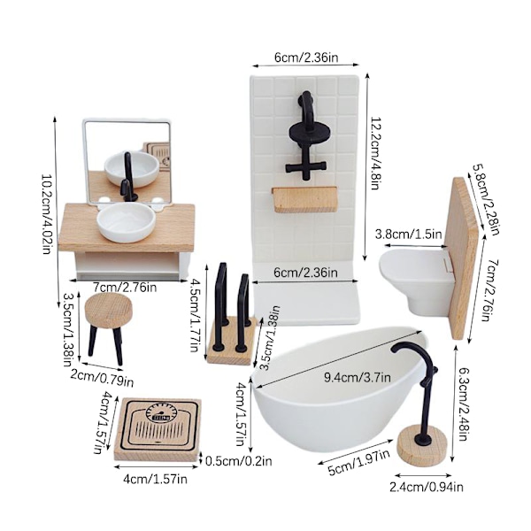 1:12 Dukkehus Miniatyrsett Dusjrom Toalett Badekar Kommode
