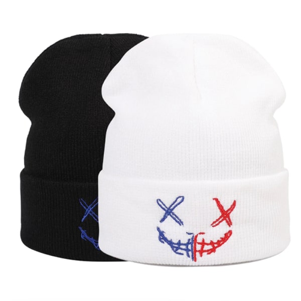 Kvinder Mænd Strikket Hue Vinter Hip Hop Varm Blød Beanie Smiley Fa White1