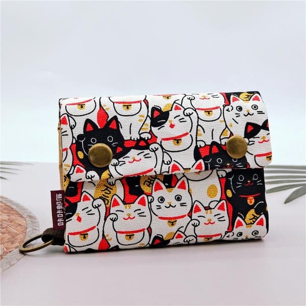 Canvas Tecknad Katt Tryckt Unisex Trefaldig Kort Plånbok Pengar Nyckel E