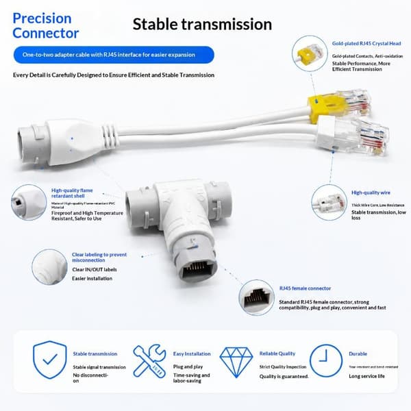 2-i-1 POE Splitter 3-vejs RJ45-stik CCTV POE-adapter til I