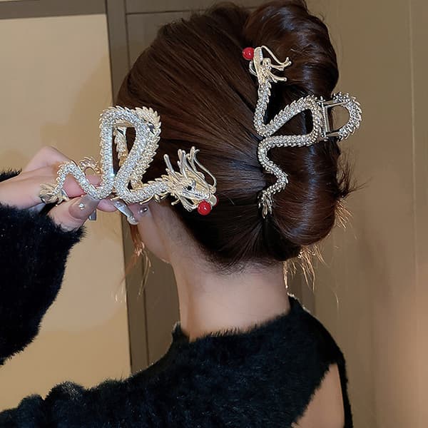 Style Dragon Shape Hårklemme Mode Rød Perlelegering Rhinestone A4