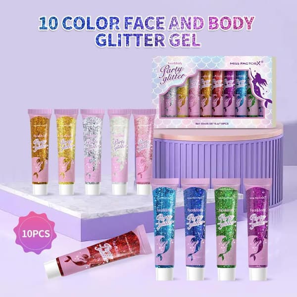 10 farger kroppsglittergel karnevalsansiktsglitterkosmetikk