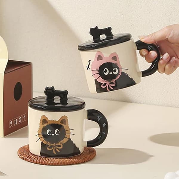 e Katt Keramisk Mugg Med Lock Kaffekopp Drickskopp Kontorspresent 002