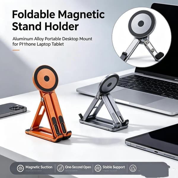 Bærbar magnetisk telefonholder og selfiestang 3-i-1 foldbar T A4