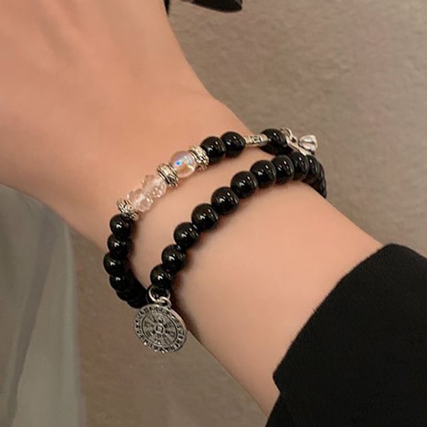Ny stil Vintage Good Lucky Opal Multi-layer Black Beads Brac 1