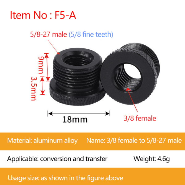 Mikrofonitelineen muunnosruuvit 3/8 naarasruuvit 5/8 urosruuviksi Black