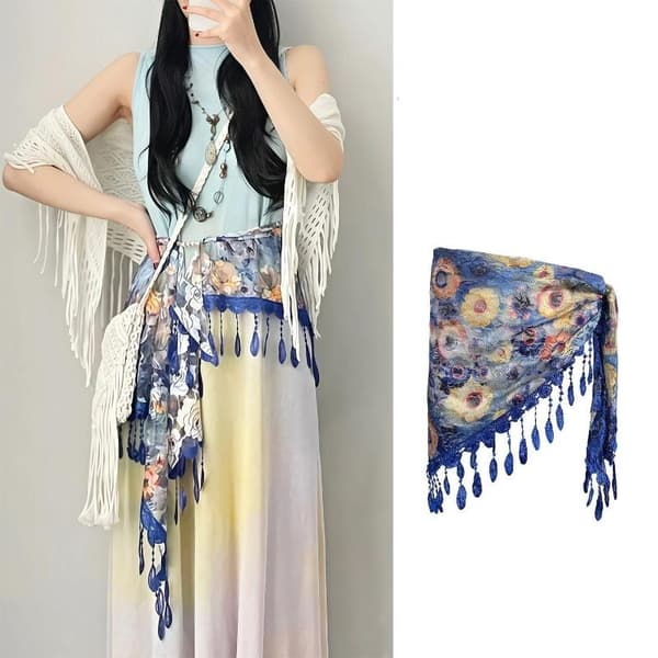 Boho dusk trekant skjerf kvinner vintage blomstertrykt blonde midje A5