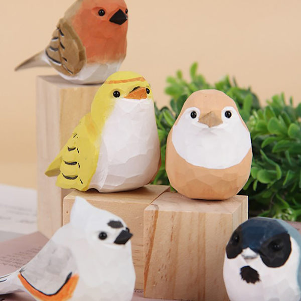 Puu Robin Bird Figurine Pieni Lintu Patsas Art Käsintehty veisto A4