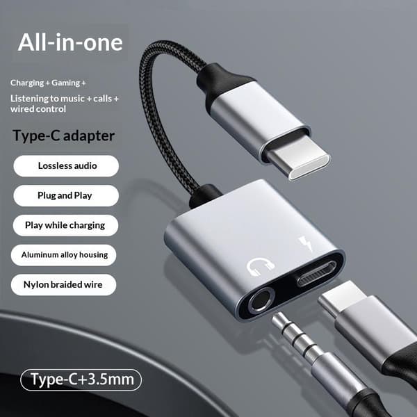 1 stk 2-i-1 Type-C til 3,5 mm AUX-lydadapter USB C hovedtelefonopladning A1