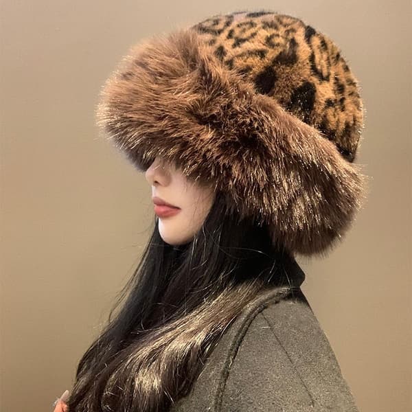 1/2 stk. Retro Leopardprint Plys Bøllehat Dame Efterår Vinter A5