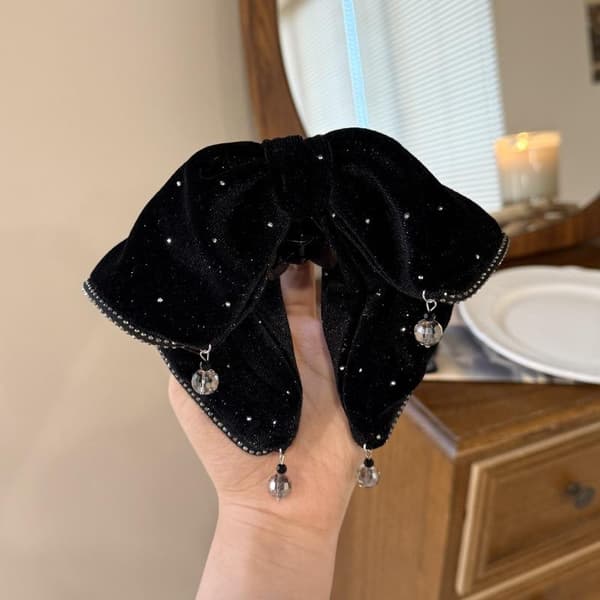 Fransk elegant hårklämma för kvinnor, sammet, strass, rosett, hästsvans
