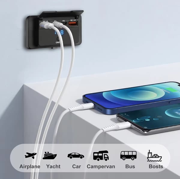 Bilopladerstikadapter med kontakt 4 porte QC30 hurtigopladning A2