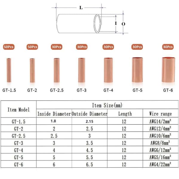 125/250 stk. ledningsferruler sæt 7 størrelser kobber crimp-stik ikke-isoleret A1