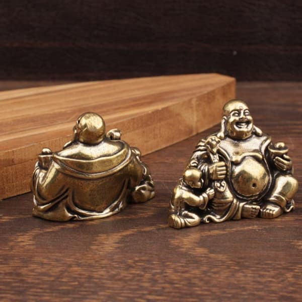 Antik Koppar Maitreya Buddha Staty Liten Skrivbords Mässingsprydnad 1PC