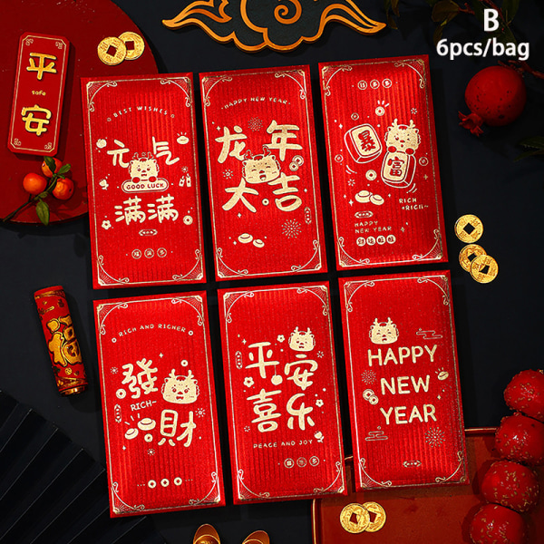 6 kpl 2024 New Year Red Envelope uudenvuoden Hongbao Kids Money B
