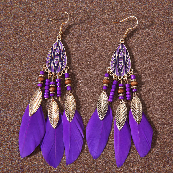 Sommer Bohemian Long Feather Dangle Øreringe Til Kvinder Beach Ta purple