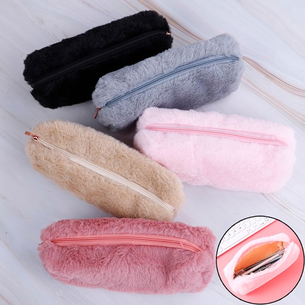 1X Jente e Plysj Fuzz Plysj Blyantveske Sminkepung Myntpung Pink