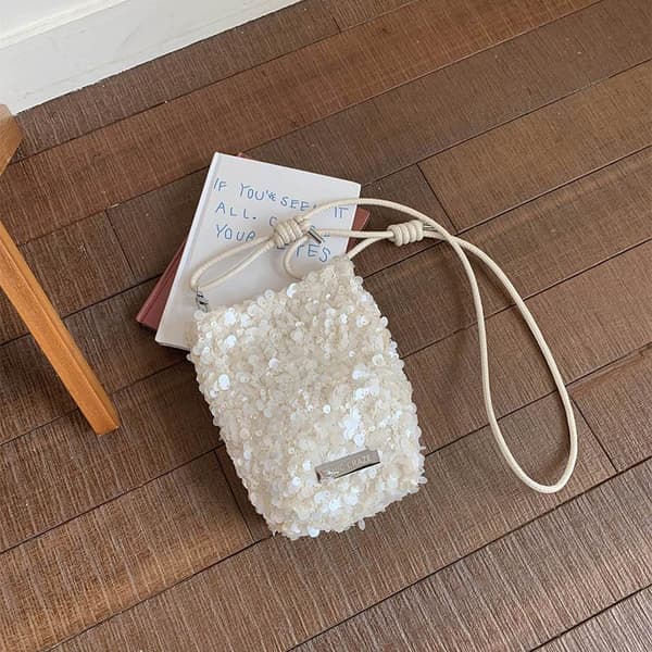 Mini skuldertaske med pailletter White