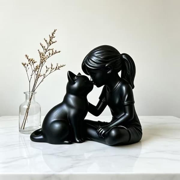Flicka och katt hartsstaty Mini dekorativ figur skrivbordsprydnad Black