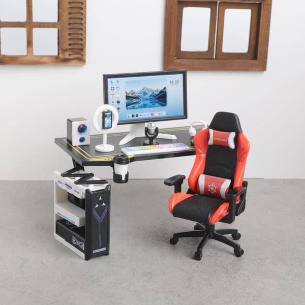 Mini Gaming Skrivbordsstol Set 1/12 Dockhus Datorbord Skärm Orange