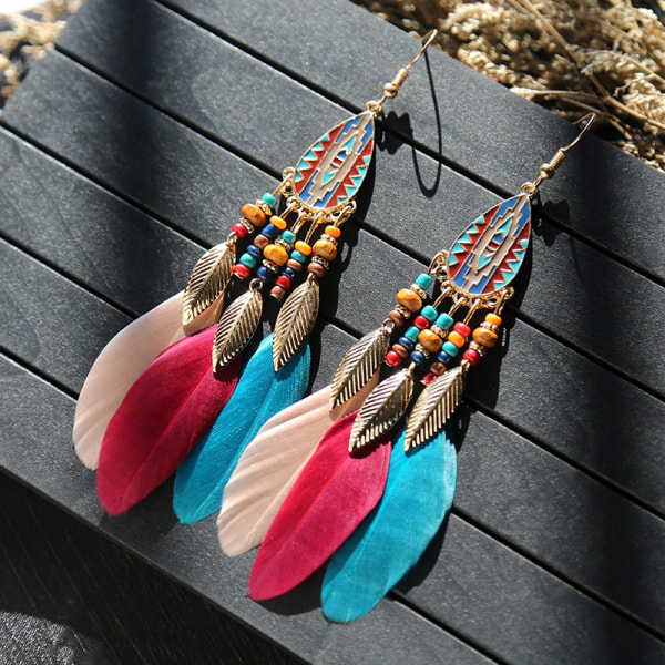 Sommer Bohemian Long Feather Dangle Øreringe Til Kvinder Beach Ta red