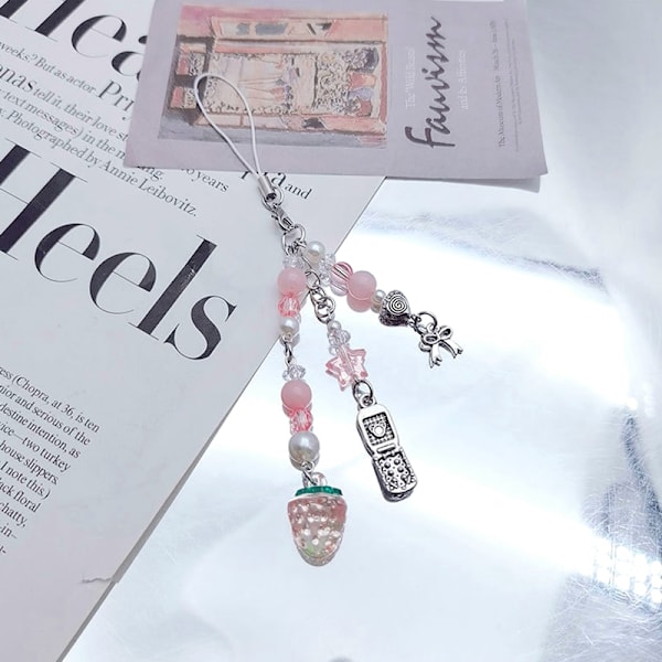 Strawberry String Beads Mobile Phone Lanyard Phone Straps Keych Pink