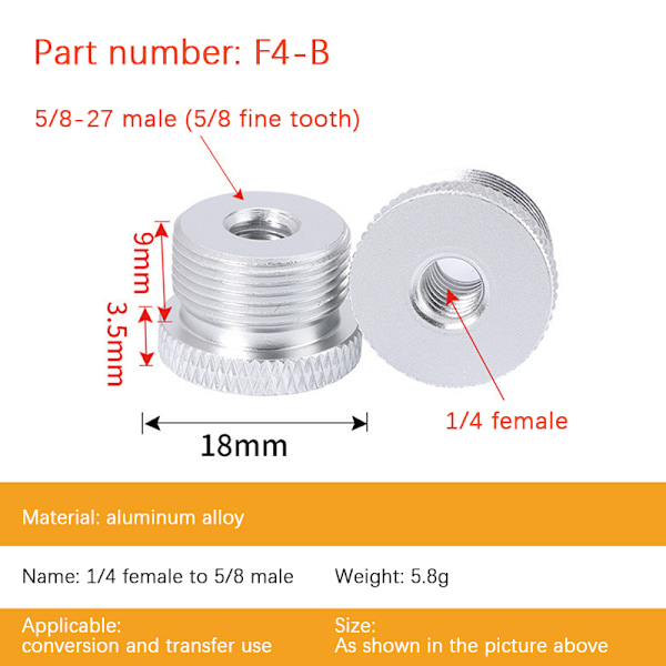 Mikrofonstativ konverteringsskruer 1/4" til 5/8" Gevindskrue Mo Silver