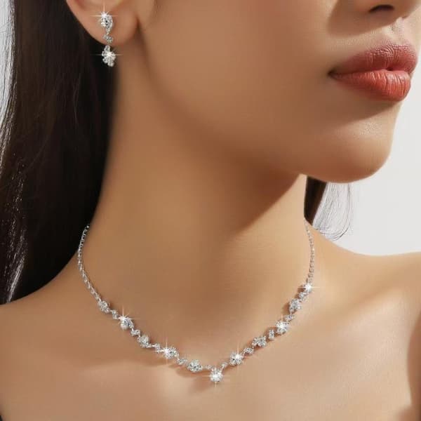 1 sæt enkel krystal choker halskæde øreringe sæt bryllup Silver