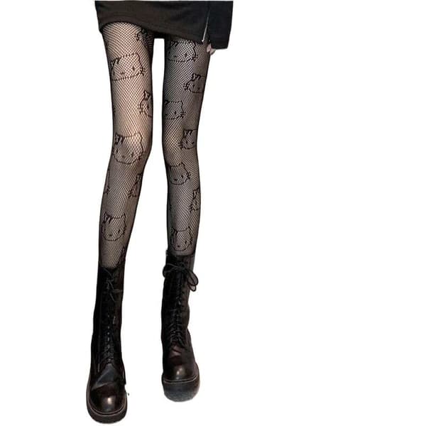 Tynne festklubbstrømpebukser Mørke uthulede Kitty Fishnet Stock Black