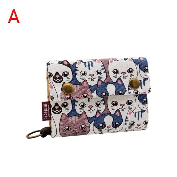 Canvas Tecknad Katt Tryckt Unisex Trefaldig Kort Plånbok Pengar Nyckel E