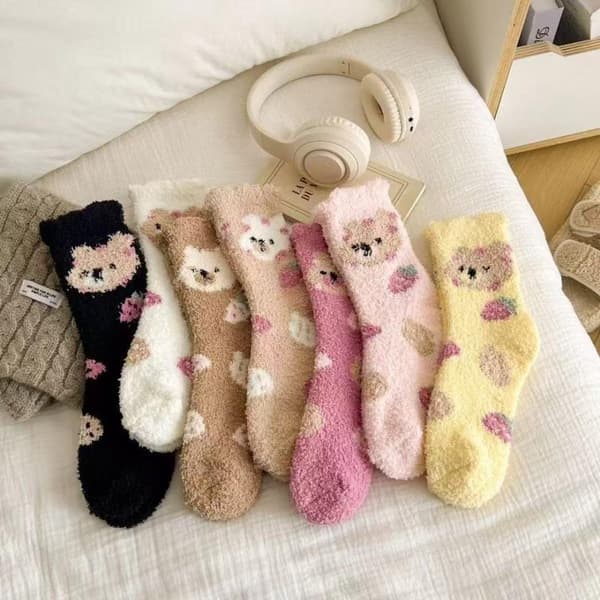 Mode Korallfleece Damsockor Varma Hemmagolvstrumpor Tecknade Pink