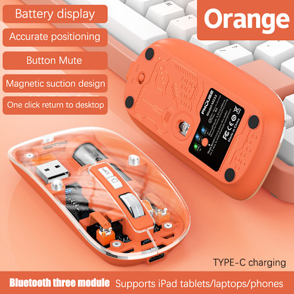 M233Transparent Magnetic Mouse Trippelläge 2.4G Bluetooth Compa Orange A9