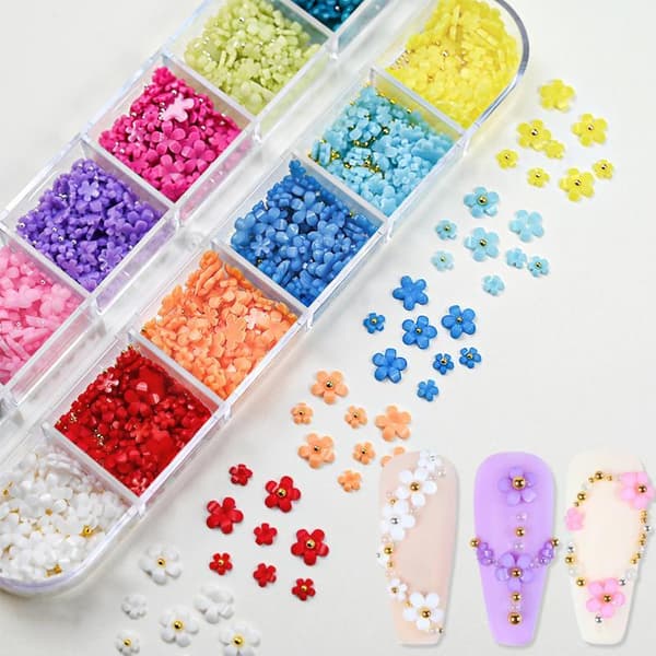 12 gitre/æske fembladet blomst neglekunst charms blandet størrelse DIY Ma A5