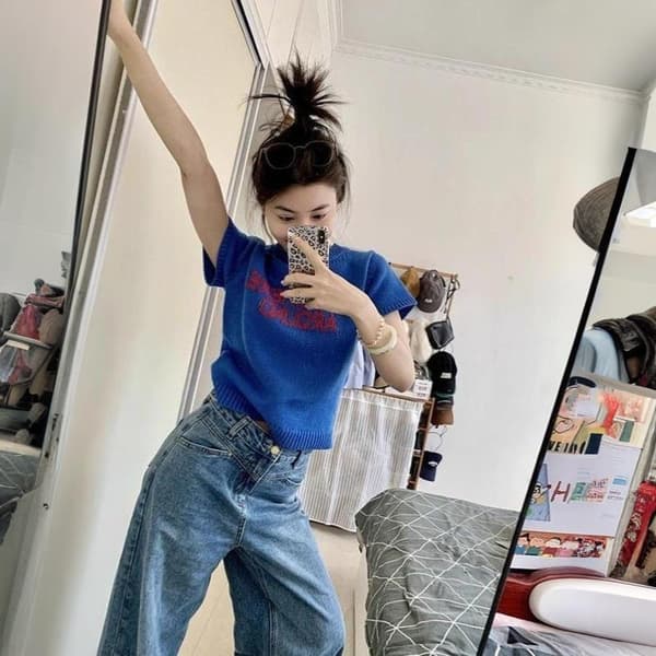 Chic Hong Style Retro Kontrasterande Bokstav Kortärmad Stickad A1