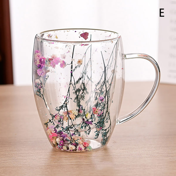 Tørre blomster Dobbelvegg glasskopp med håndtak Varmebestandig Te E