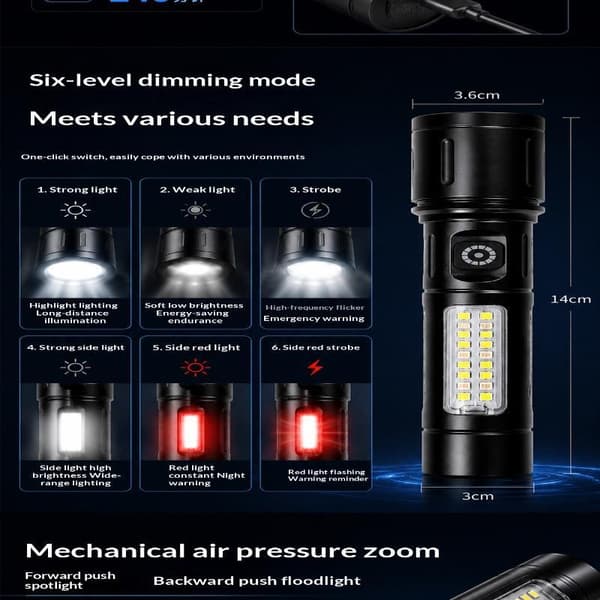LED+COB-taskulamppu zoomattava pieni taskulamppu sivuvaloilla USB-ladattava A1