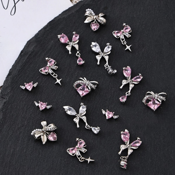 Nail Art Diamond Bow anheng smykker lys luksus sølv smør A6