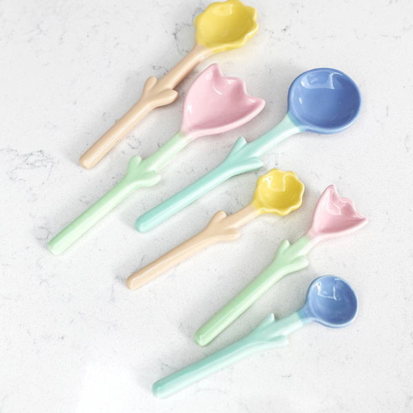 1 Stk Tulipanformet keramisk skje 3D Blomster Kaffeskje Breakfas Pink 1