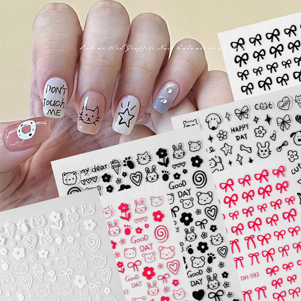 Tegneserie Graffiti Sløyfe Ultra-tynne Nail Art Stickers Kattunge Hund Be 15