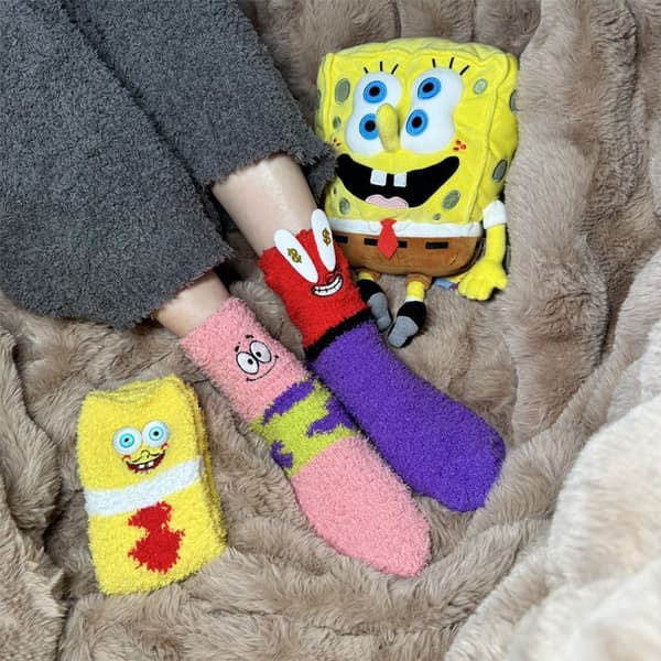Vinter e tegneserie Svampebob Store Stjerne Korallfleece Sokker Kvinner A1