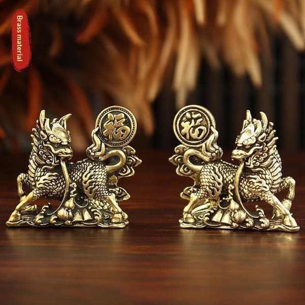 2 st/set Mässing Fu Karaktär Kirin Liten Prydnad Hemmakontor Co Copper