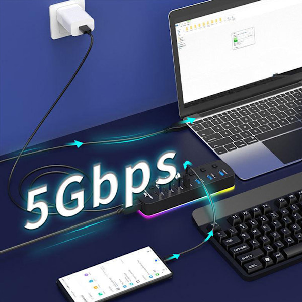 RGB USB 3.0 -keskitin 7 porttia Dataporttisovitin 5Gbps nopea Indi USB