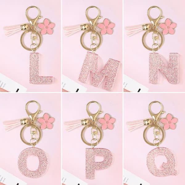 A-Z Glitter Pink Initial Bogstav Nøglering Blomster Kvast Bilnøgle A20