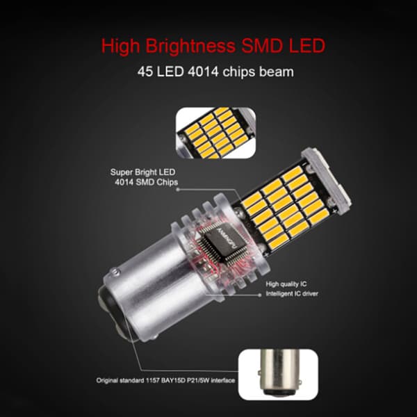 2 stk 1157 LED Canbus P21W/5W Bay15d 45 LED lyspære Red