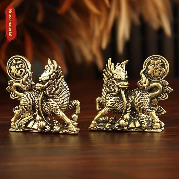 2 st/set Mässing Fu Karaktär Kirin Liten Prydnad Hemmakontor Co Copper